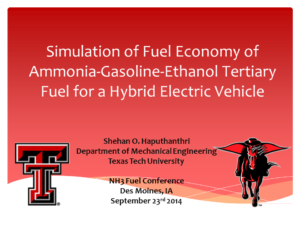 Simulation of Fuel Economy of Gasoline-Ethanol-Ammonia Tertiary Fuel Blends for a Series Hybrid Electric Vehicle