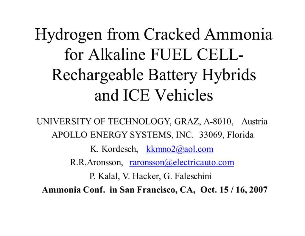 Hydrogen from Cracked Ammonia for Alkaline Fuel Cell — Rechargeable Battery Hybrids and ICE Vehicles