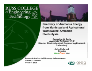 Ammonia Energy Recovery from Municipal and Agricultural Wastewater