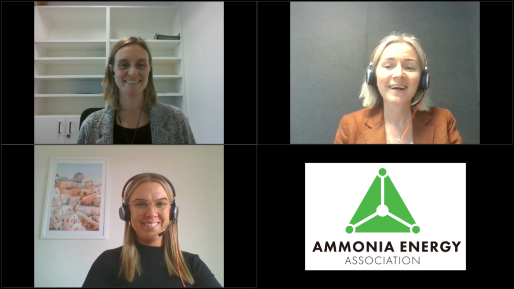 Sarah Tincknell from Origin Energy joins us for Ammonia Energy Live (top right). Sarah is interviewed by Emily Heenan (bottom left) and Jacinta Bakker (top left).