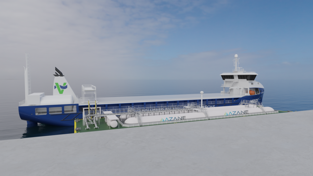 Graphic visualisation of a floating ammonia bunker terminal and barge. 