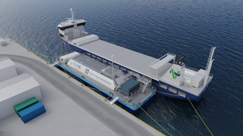 Graphic visualisation of Azane Fuel Solutions’ floating ammonia bunker terminal, with a ship moored alongside. Source: Azane Fuel Solutions.