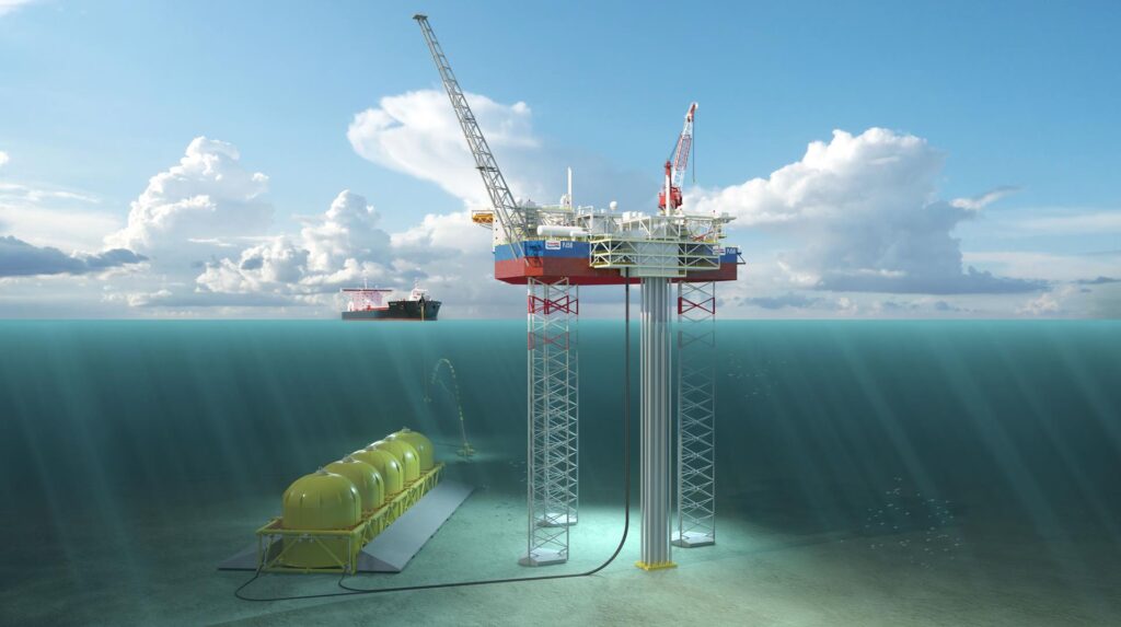 Graphic visualisation of the subsea storage system, connected here to an offshore platform. Source: NOV.