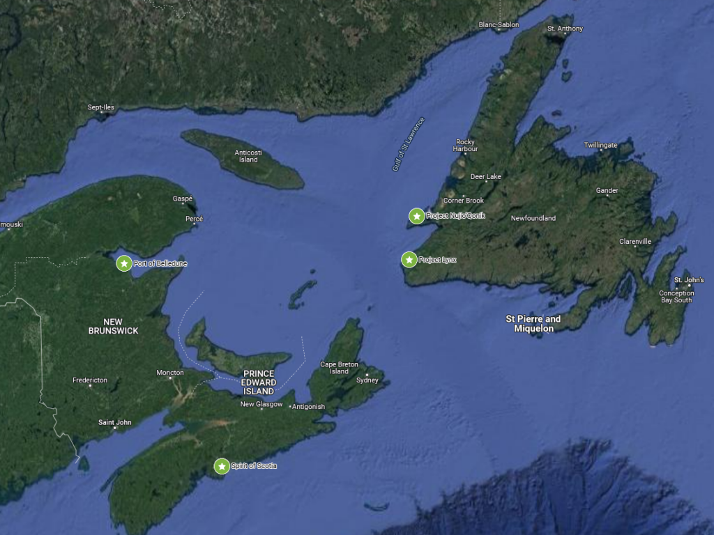 Four new Atlantic Canada ammonia production projects, all angled at the emerging export corridor between Canada and Europe. Source: Google Maps.