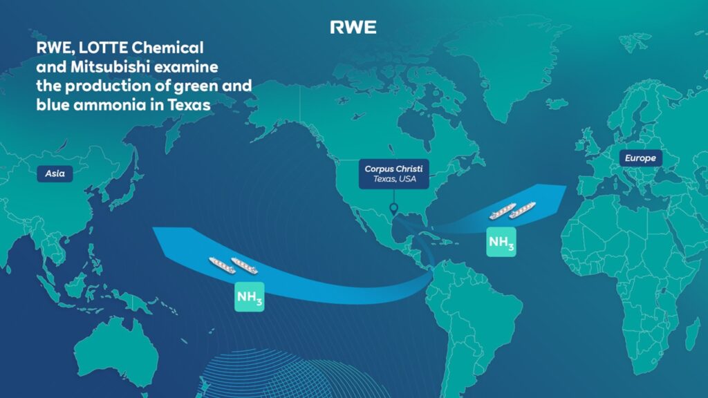 RWE, LOTTE Chemical and Mitsubishi will work together to develop a large-scale clean ammonia production facility in Texas, exporting to both Europe and Asia. Source: RWE.