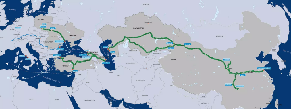 Click to enlarge. The Trans-Caspian International Transport Route, linking the EU and China via Kazakhstan. Renewable ammonia produced by the Hyrasia One project will be shipped via this route from 2032. Source: Trans-Caspian International Transport Route.