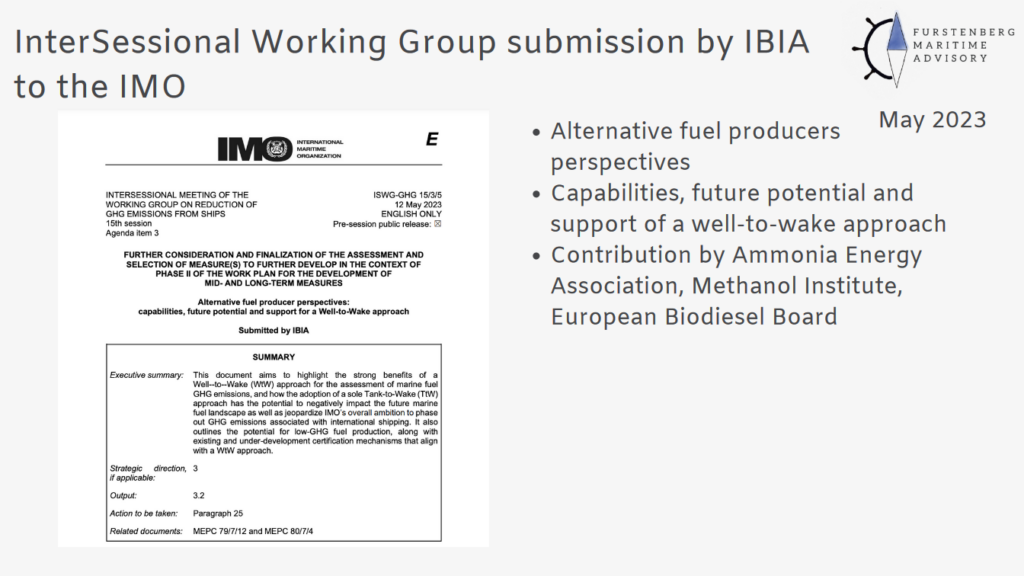 IBIA’s joint submission to the IMO in June 2023, advocating for emissions accounting on a well-to-wake basis. From Maritime Ammonia Webinar for the Ammonia Energy Association (Dec 2023).