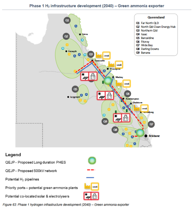 Potential Renewable Energy Zones, proposed electricity network and potential hydrogen pipelines in Queensland.