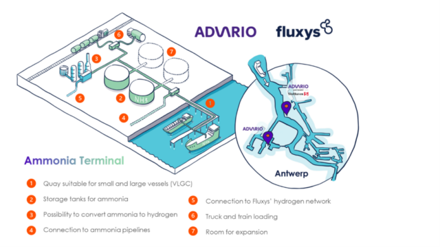Advario and Fluxys’ planned ammonia import terminal in Antwerp-Brugge, Belgium.