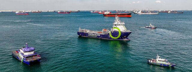 The Fortescue Green Pioneer in Singapore harbor.