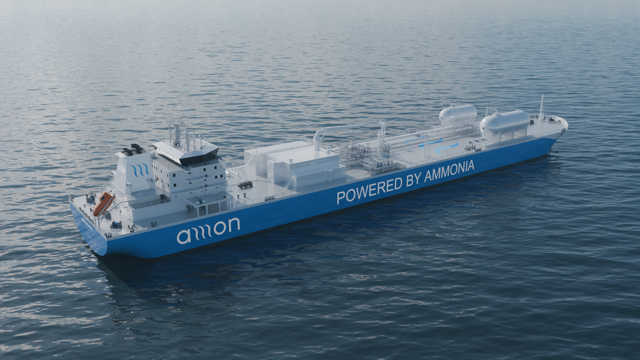 Graphic visualisation of an ammonia-powered mid-sized gas carrier.