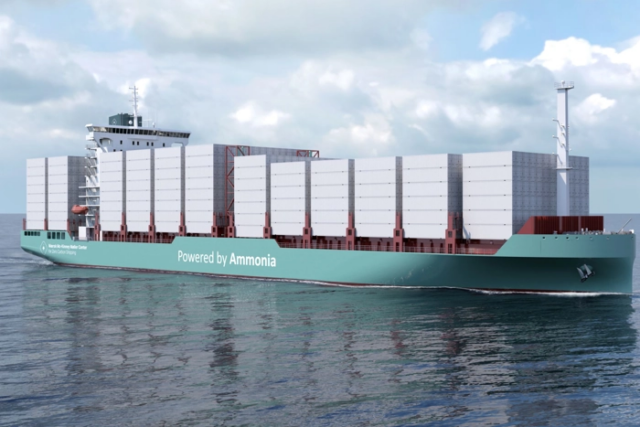 Graphic visualisation of a 3,500 TEU, ammonia-fueled container vessel design led by the Maersk Mc-Kinney Møller Center for Zero Carbon Shipping.