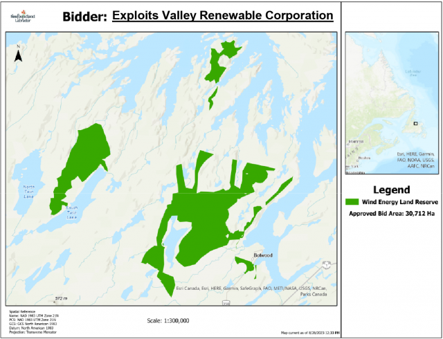 Approved bid area for the Exploits Valley Renewable Energy Corporation project, a 3.5 GW wind farm powering the production of hydrogen and ammonia.