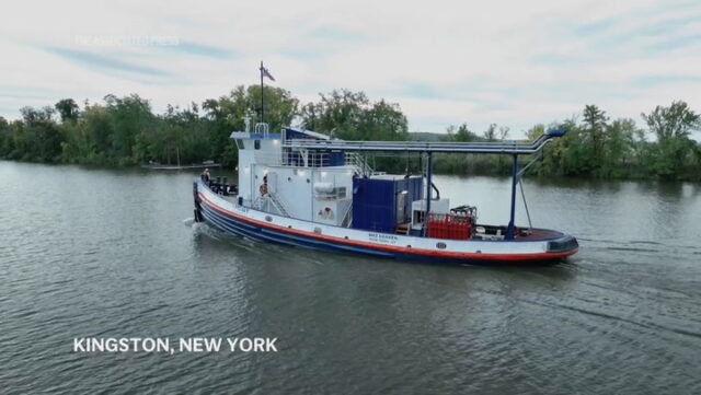 The NH3 Kraken sails on the Hudson River near Kingston, powered by ammonia fuel.