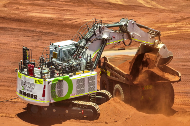 A Liebherr-built R 9400 electric excavator in operation for Fortescue in Australia.