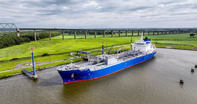 The Yara Sela moored at Yara's new ammonia import terminal in Brunsbüttel, Germany.