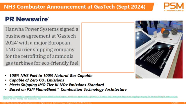 Ammonia-fueled gas turbines for maritime propulsion, as announced by Hanwha Power Systems.