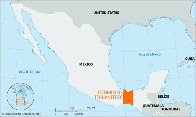 Map of the Isthmus of Tehuantepec in Mexico.