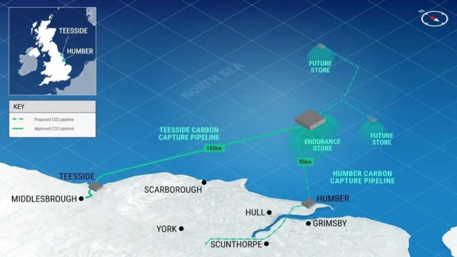 Two of the UK’s first-ever CCS projects, including CO<sub>2</sub> capture, transportation, and storage infrastructure to link industry with offshore sequestration sites in the North Sea.