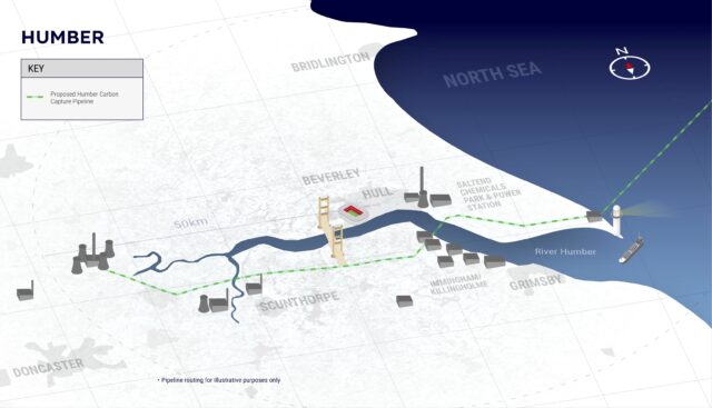 CCS infrastructure near the Humber River will link hydrogen and ammonia production at the Saltend Chemicals Park with offshore sequestration sites.