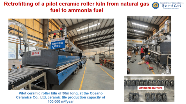 Pilot ceramic roller kiln retrofitted with ammonia burners.